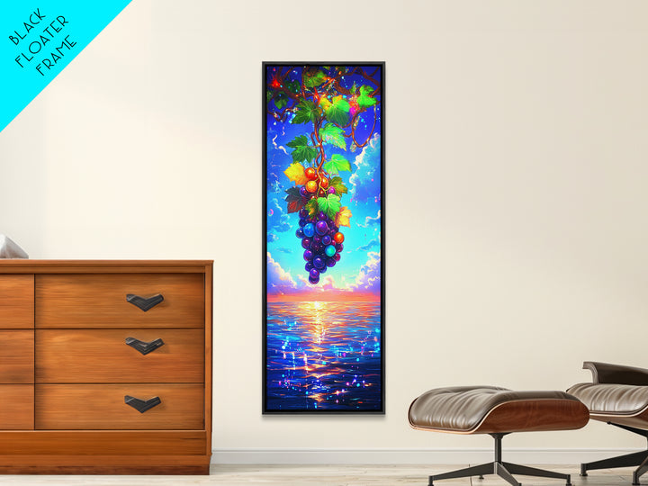 Sunlit Grapes Over Ocean Sunset Canvas Print, Vineyard Wall Art, Coastal Kitchen Decor, Colorful Fruit Art Housewarming Gift