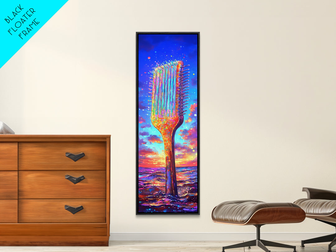 Giant Rainbow Hair Comb At Ocean Sunset Canvas Print, Salon Wall Art, Beauty Salon Decor, Colorful Coastal Gift Print Poster