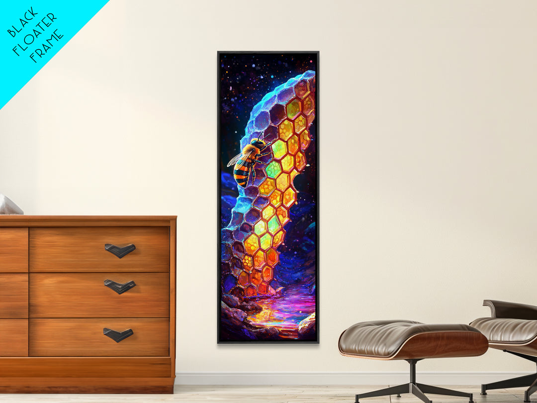 Glowing Honeycomb And Bee In Crystal Cave Framed Canvas Print, Animal Wall Art, Nature Inspired Art, Whimsical Decor Gift