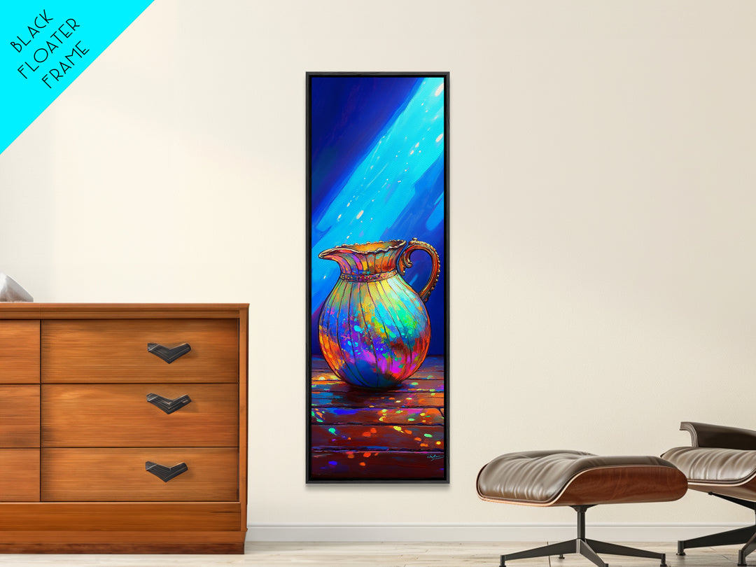 Iridescent Rainbow Pitcher In Blue Light Framed Canvas Print, Colorful Kitchen Wall Art, Modern Eclectic Home Decor Gift