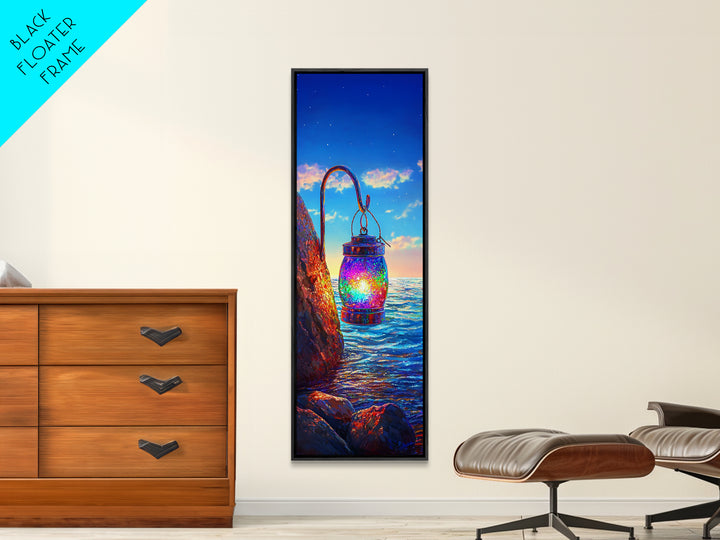 Hanging Rainbow Lantern Canvas Print, Coastal Wall Art, Ocean Sunset Painting, Nautical Decor, Beach House Living Room Art