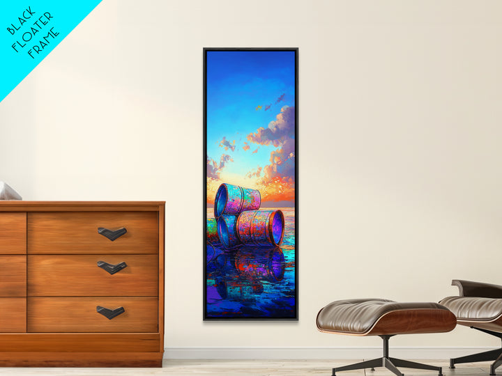 Colorful Beach Barrels Framed Canvas Print, Coastal Wall Art, Ocean Sunset Painting, Nautical Home Decor, Beach House Gift