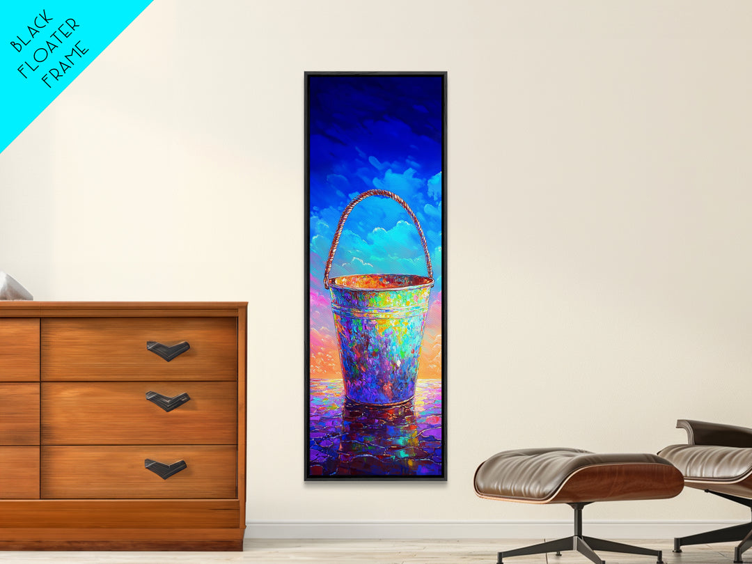 Iridescent Beach Pail Wall Art, Colorful Coastal Canvas, Summer Beach House Decor, Ocean Nursery Art, Whimsical Housewarming Gift