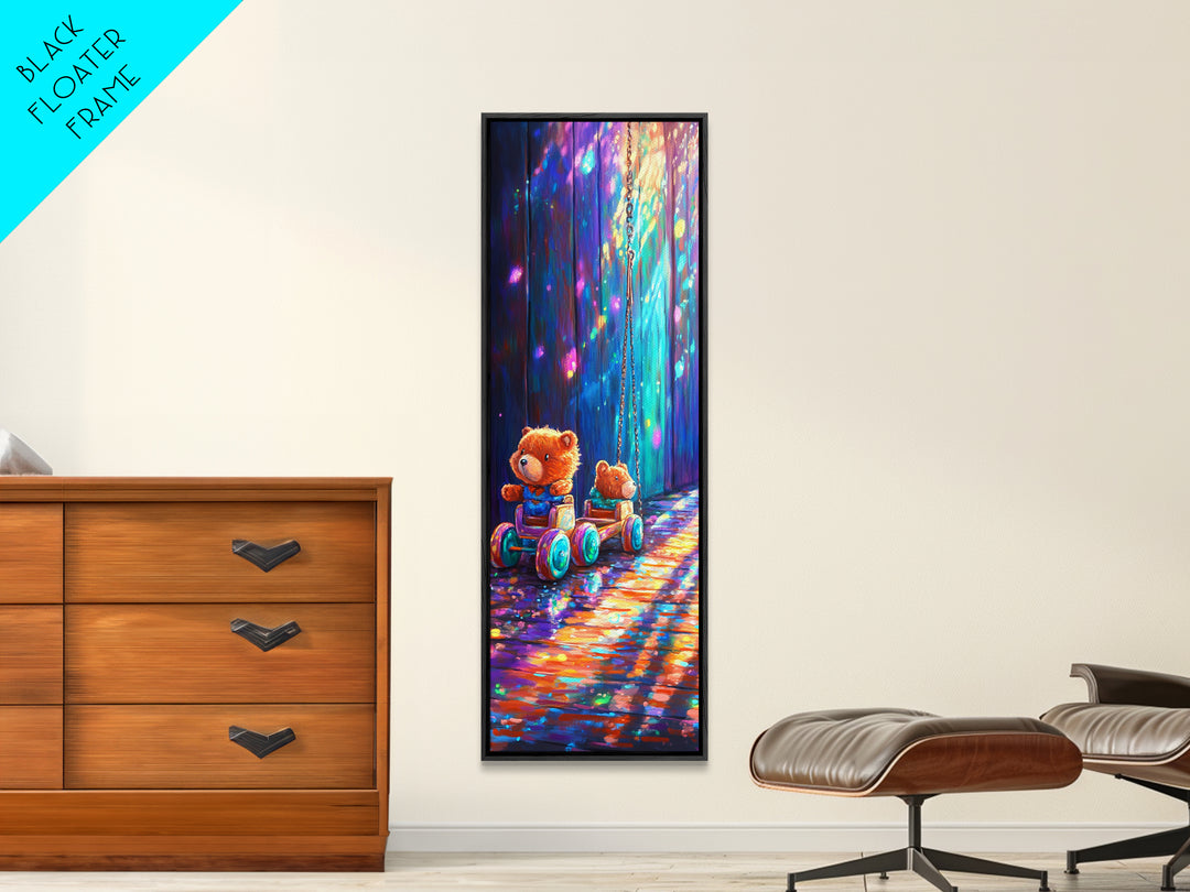Teddy Bear Toy Wagon In Magical Light Wall Art, Nursery Canvas Print, Whimsical Woodland Kids Room Decor, Baby Shower Gift