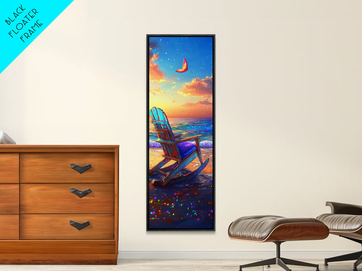 Sunset Beach Chair Under Crescent Moon Canvas Print, Coastal Wall Art, Ocean Decor, Beach House Living Room Wall Decor Gift
