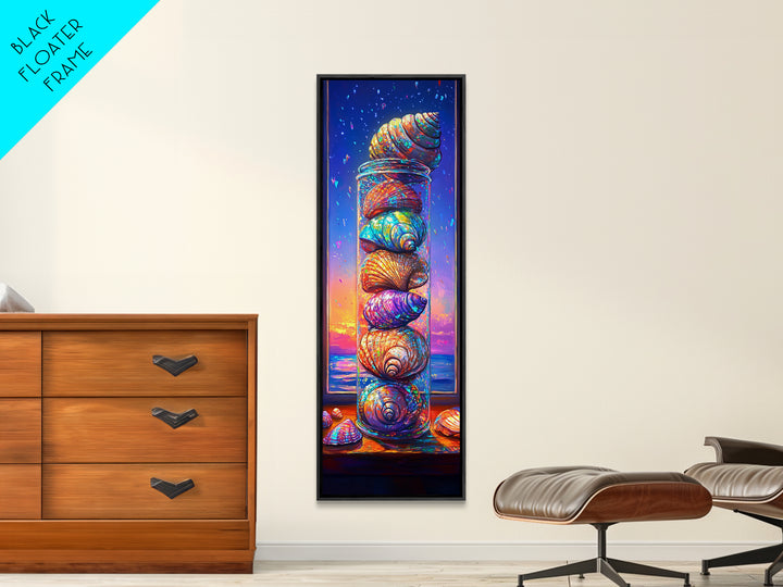 Stacked Rainbow Seashells In Window Framed Canvas Print, Coastal Wall Art, Beach House Decor, Nautical Wall Decor Housewarming Gift
