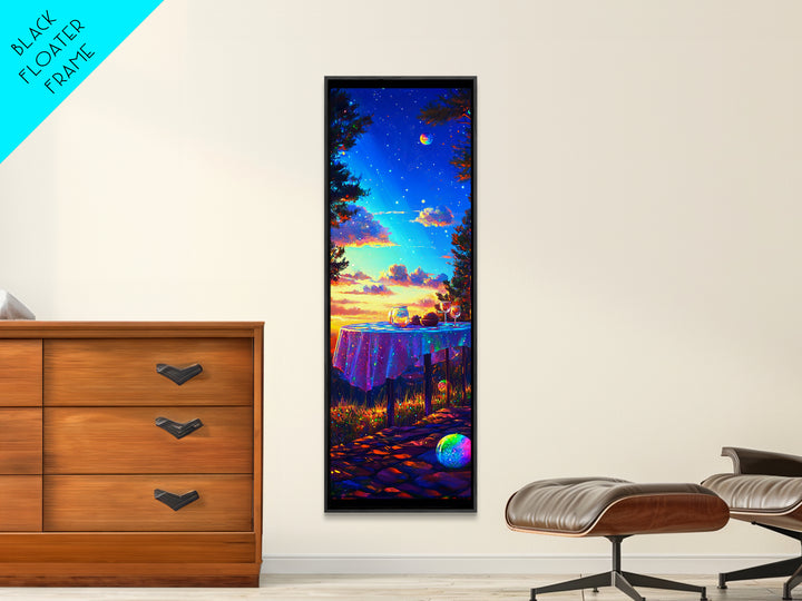 Moonlit Sunset Table With Wine Glasses Framed Canvas Print, Romantic Wall Art, Outdoor Patio Decor, Housewarming Gift, Cozy Home Decor