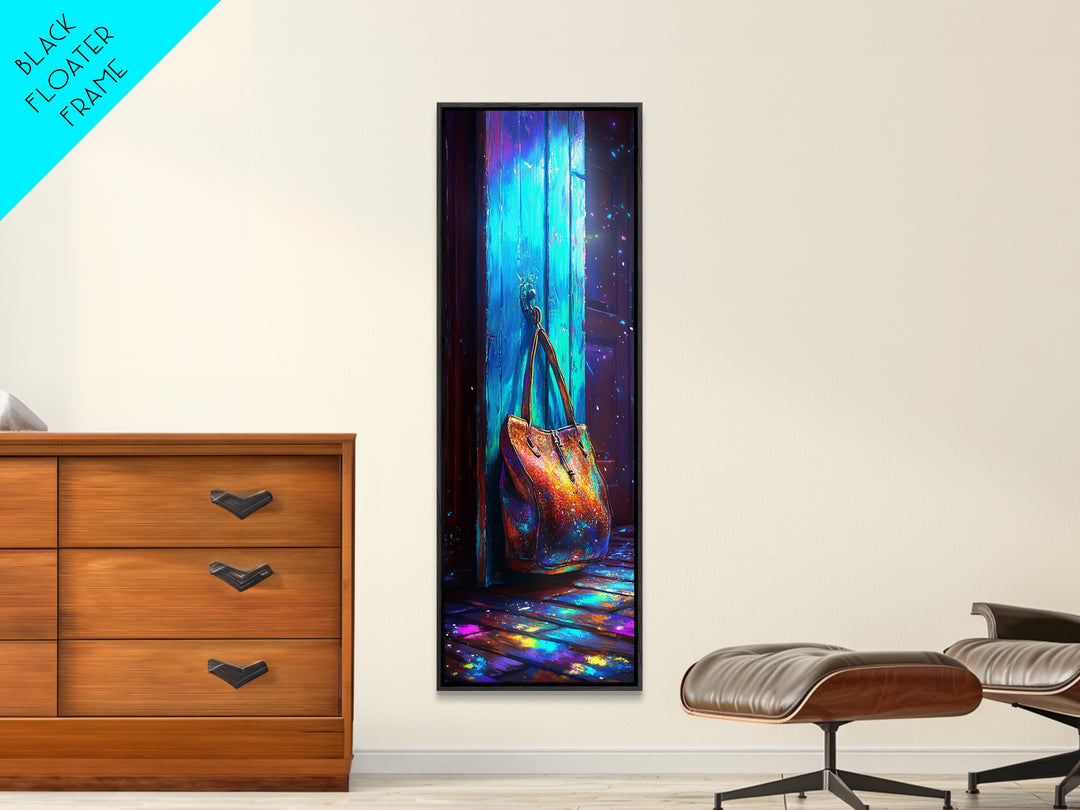 Iridescent Handbag Hanging On Turquoise Door Canvas Print, Fashion Wall Art, Glam Entryway Decor, Gift For Her, Trendy Poster