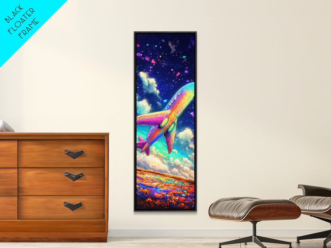 Rainbow Jet Flying Through Starry Clouds Canvas Print, Space Wall Art, Aviation Wall Decor, Kids Room Decor, Gift For Travelers