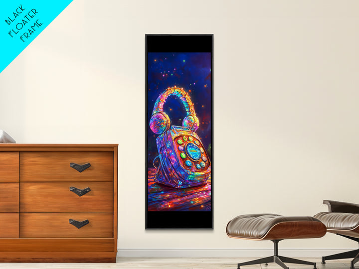 Jeweled Retro Phone With Headphones Framed Canvas Print, Music Wall Art, Funky Wall Decor, Game Room Decor, Gift For Him