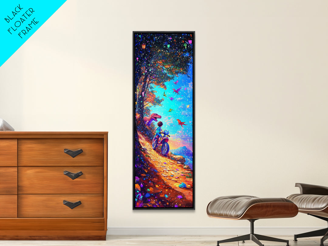 Child Riding Bike Through Dinosaur Forest Canvas Print, Whimsical Wall Art, Fantasy Nursery Decor, Kids Room Art Gift For Children