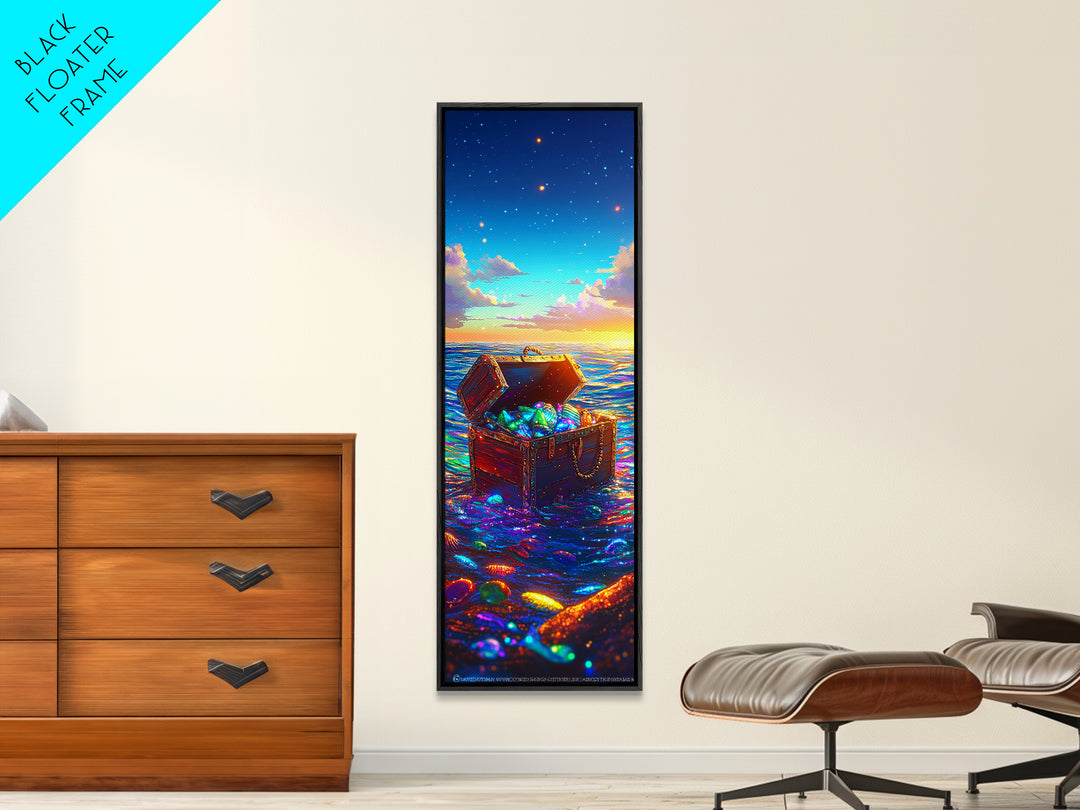 Glowing Treasure Chest At Ocean Sunset Canvas Print, Nautical Wall Art, Coastal Beach House Decor, Fantasy Sea Lover Gift