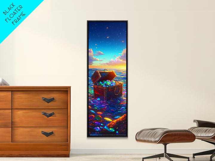 Glowing Treasure Chest At Ocean Sunset Canvas Print, Nautical Wall Art, Coastal Beach House Decor, Fantasy Sea Lover Gift