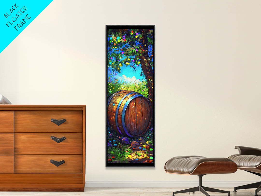 Sunlit Wine Barrel In Lush Garden Canvas Print, Rustic Wall Art, Winery Home Decor, Vineyard Landscape Housewarming Gift