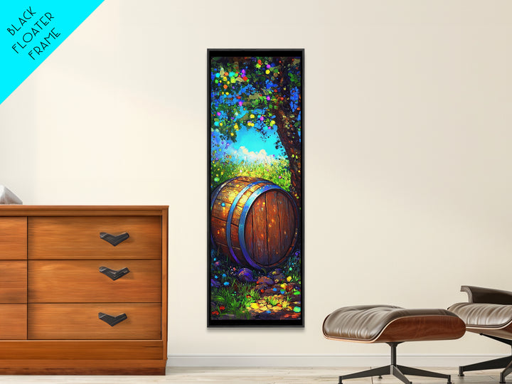 Sunlit Wine Barrel In Lush Garden Canvas Print, Rustic Wall Art, Winery Home Decor, Vineyard Landscape Housewarming Gift