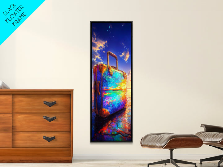 Rainbow Suitcase Reflecting Ocean Sunset Framed Canvas Print, Vibrant Travel Poster, Coastal Wall Decor For Wanderlust Gift