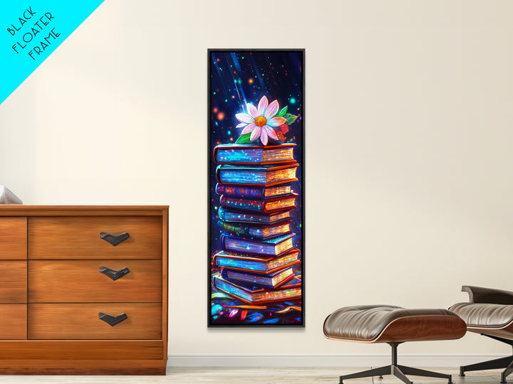 Glowing Stack Of Books With Daisy Canvas Print, Book Lover Wall Art, Cozy Library Decor, Reading Nook Art, Literary Gift