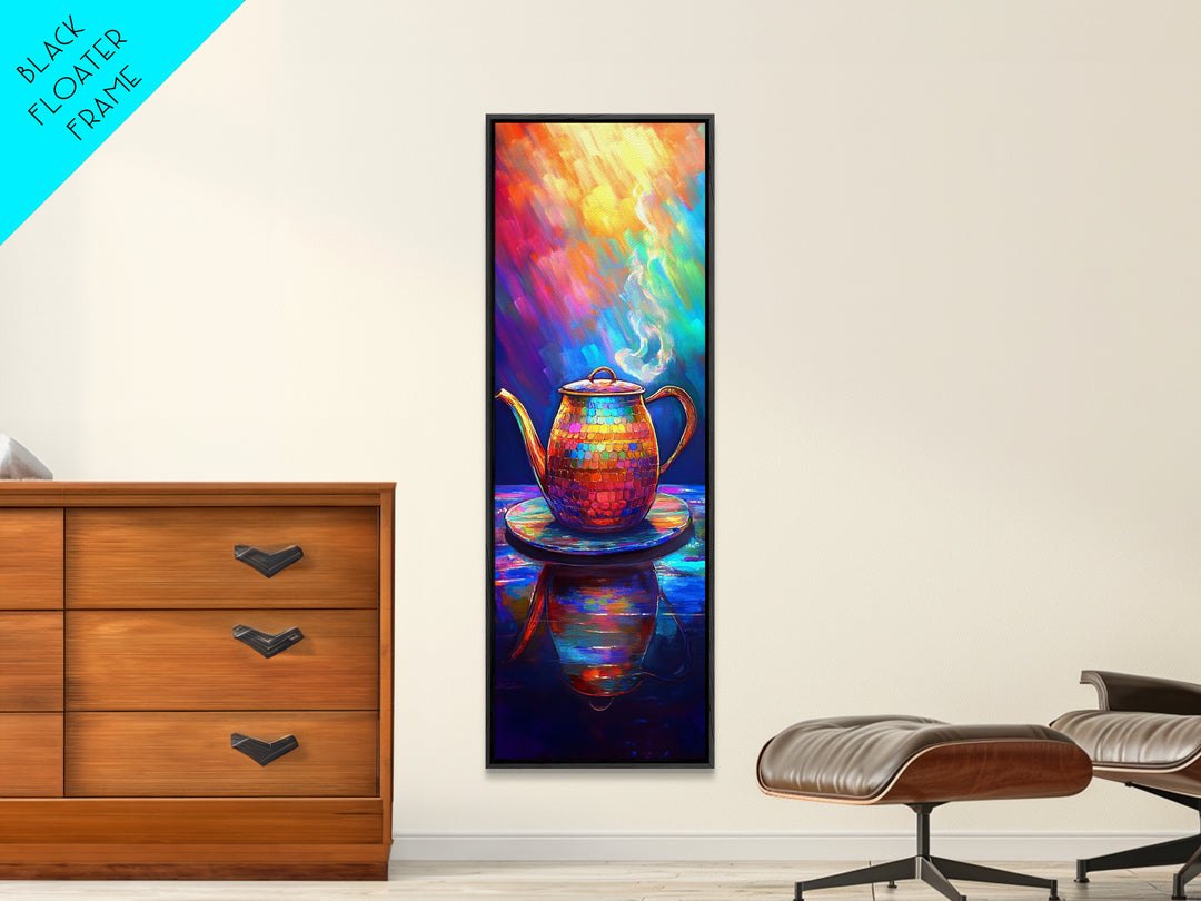 Rainbow Teapot With Steam Framed Canvas Print, Colorful Kitchen Wall Art, Tea Lover Gift, Boho Dining Room Decor, Still Life Art