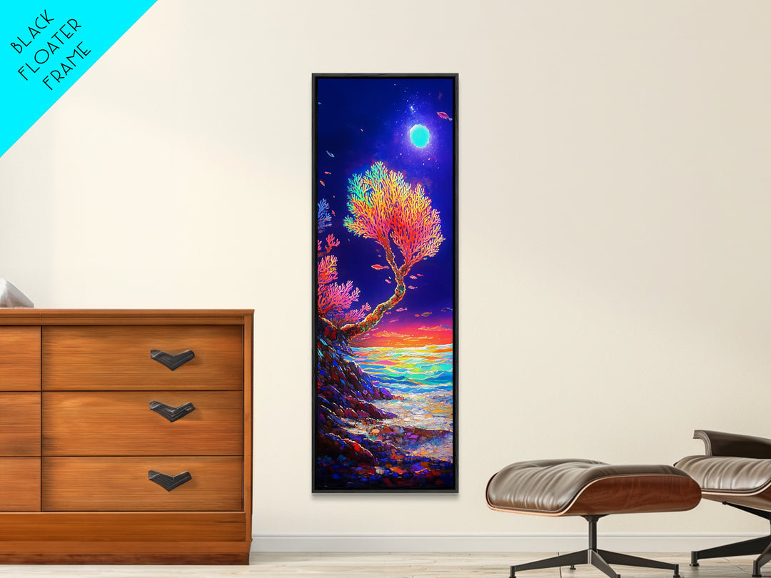 Moonlit Coral Tree By Ocean Canvas Print, Coastal Wall Art, Celestial Decor, Tropical Seascape, Beach House Living Room Decor