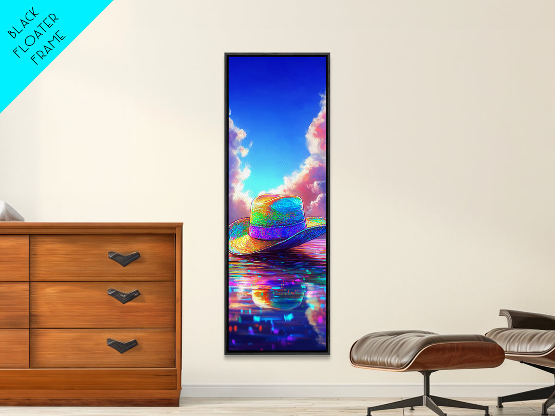 Rainbow Straw Cowboy Hat On Reflective Water Canvas Print, Western Wall Art, Coastal Cowgirl Decor, Colorful Summer Poster