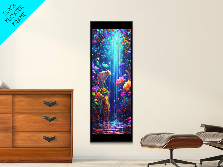 White Goat In Enchanted Waterfall Garden Framed Canvas Print, Whimsical Animal Wall Art, Colorful Nature Nursery Decor Poster