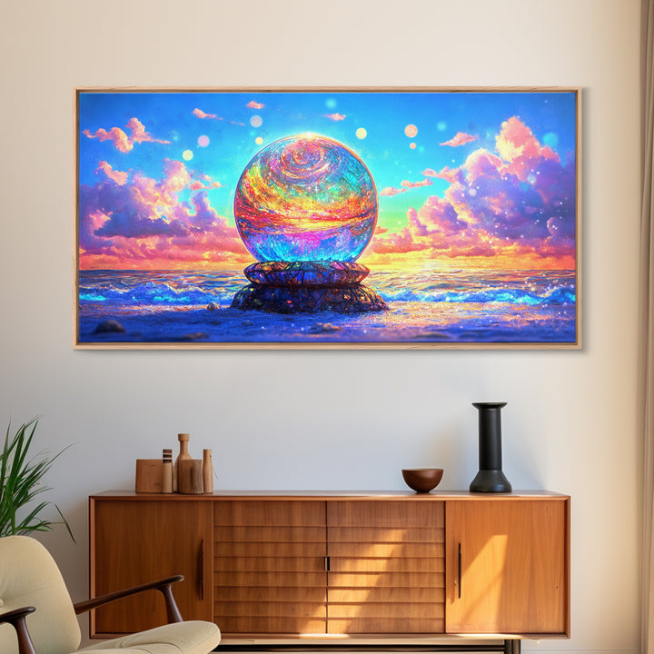 Glowing Crystal Orb By The Ocean Wall Art, Surreal Seascape Canvas Print, Coastal Decor, Celestial Art, Beach House Gift