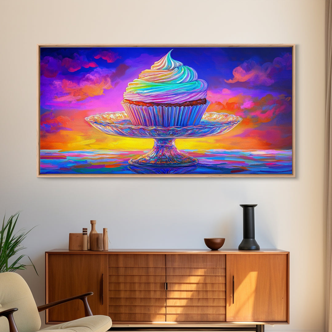 Rainbow Cupcake On Glass Stand Canvas Print, Whimsical Bakery Wall Art, Dessert Art, Kitchen Decor, Birthday Gift For Her