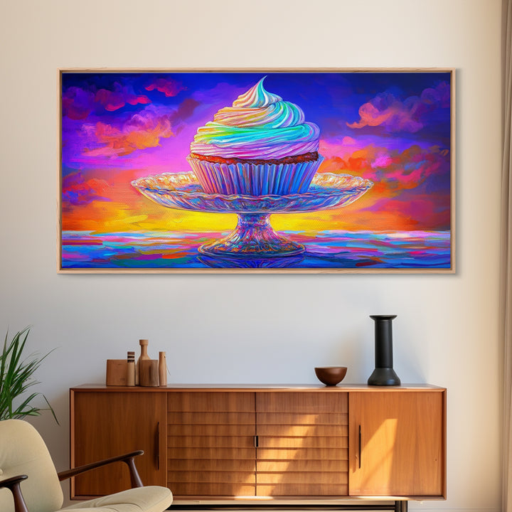 Rainbow Cupcake On Glass Stand Canvas Print, Whimsical Bakery Wall Art, Dessert Art, Kitchen Decor, Birthday Gift For Her