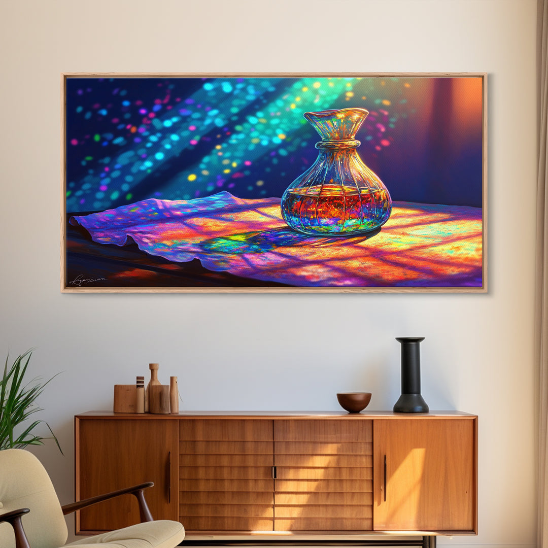 Amber Glass Perfume Bottle Wall Art, Rainbow Light Still Life Canvas Print, Elegant Bathroom Decor, Spa Wall Decor, Gift For Her