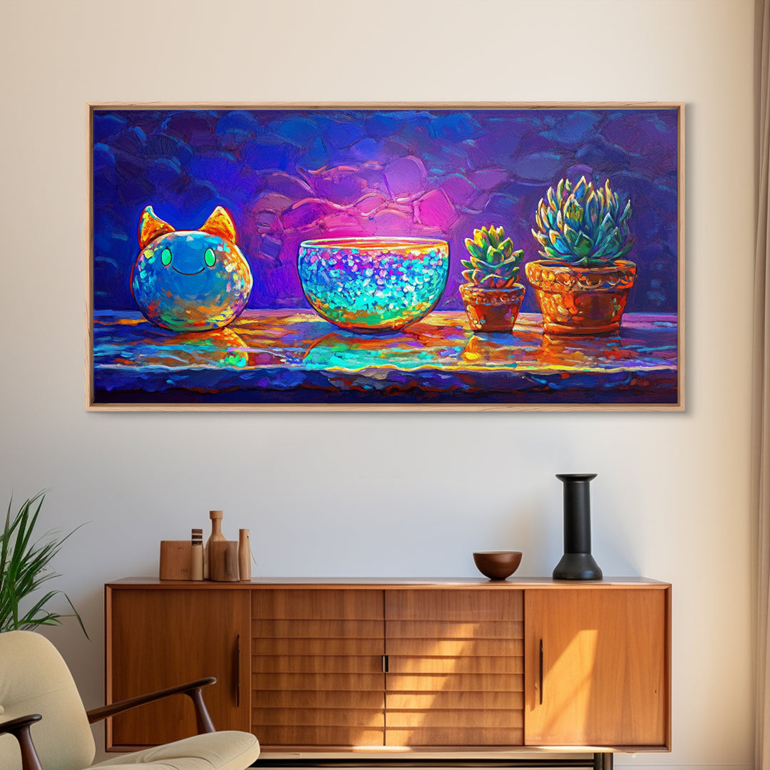 Cute Cat Figurine With Succulent Plants Wall Art, Colorful Still Life Canvas Print, Whimsical Home Decor, Plant Lover Gift