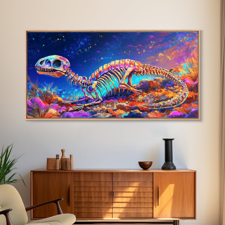 Colorful Dinosaur Skeleton Wall Art, Cosmic Fossil Fantasy Painting, Vibrant Science Decor, Kids Room Canvas Print, Dinosaur Gift
