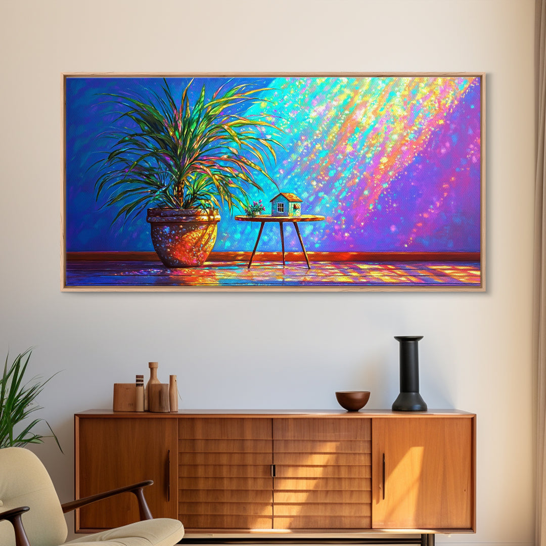 Potted Palm And Tiny House Wall Art, Rainbow Sunlit Room Still Life, Colorful Plant Decor, Modern Framed Canvas Print Gift