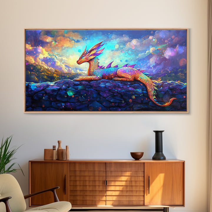 Rainbow Dragon Resting On Stone Wall Art, Whimsical Fantasy Creature Painting, Colorful Nursery Decor, Framed Canvas Print