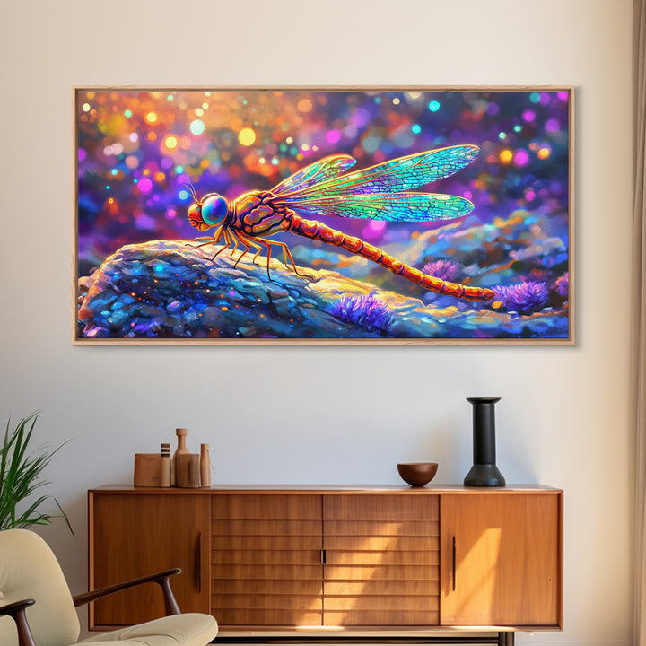 Iridescent Dragonfly On Pebble Wall Art, Colorful Nature Painting, Whimsical Insect Decor, Modern Framed Canvas Print Gift