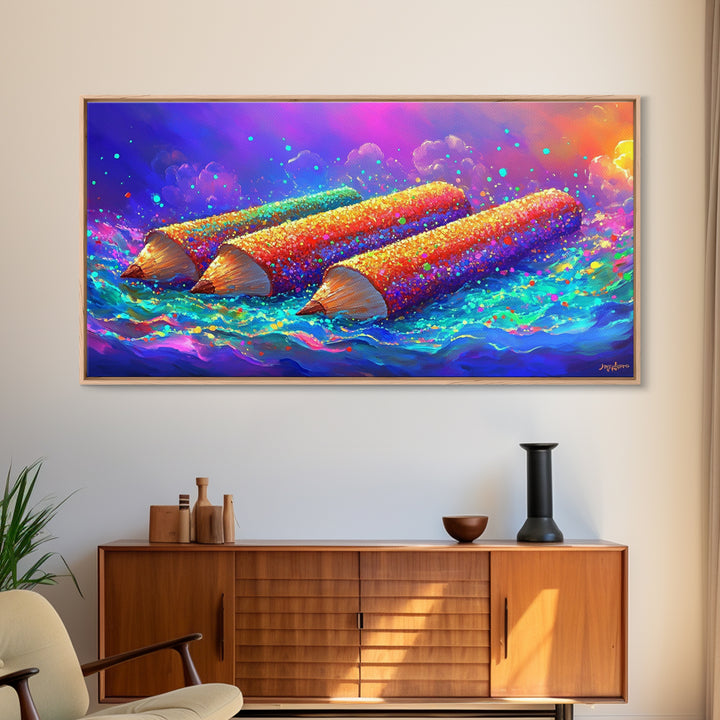 Giant Colorful Pencils In Ocean Waves Wall Art, Whimsical Art Supply Painting, Creative Studio Decor, Framed Canvas Print