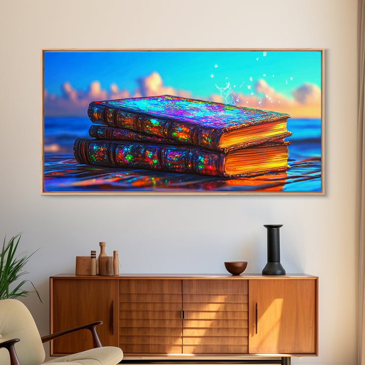 Glowing Iridescent Antique Books Canvas Print, Fantasy Library Wall Art, Book Lover Gift, Magical Reading Nook Home Decor