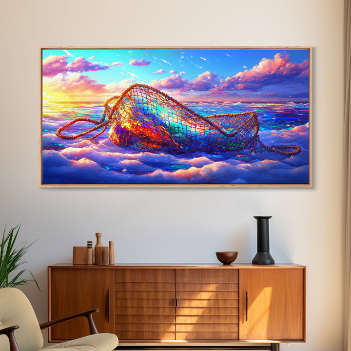Iridescent Fishing Net On Sunset Beach Wall Art, Coastal Ocean Canvas Print, Nautical Decor, Beach House Living Room Art