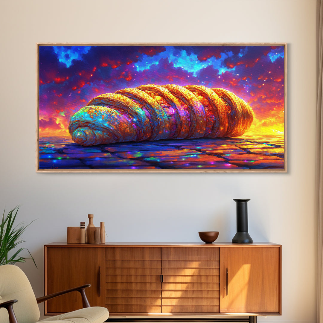 Golden Croissant Pastry At Dramatic Sunset Canvas Print, Bakery Wall Art, French Kitchen Decor, Foodie Gift, Cafe Poster