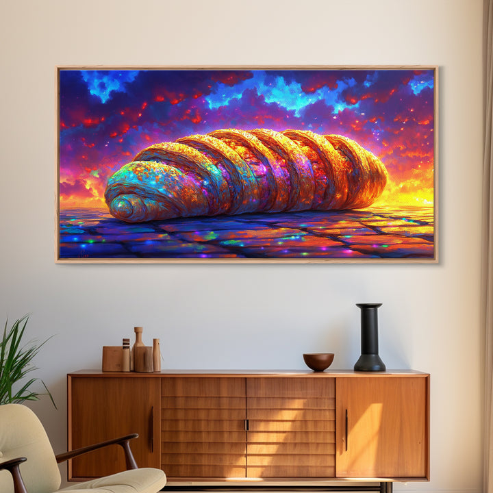 Golden Croissant Pastry At Dramatic Sunset Canvas Print, Bakery Wall Art, French Kitchen Decor, Foodie Gift, Cafe Poster