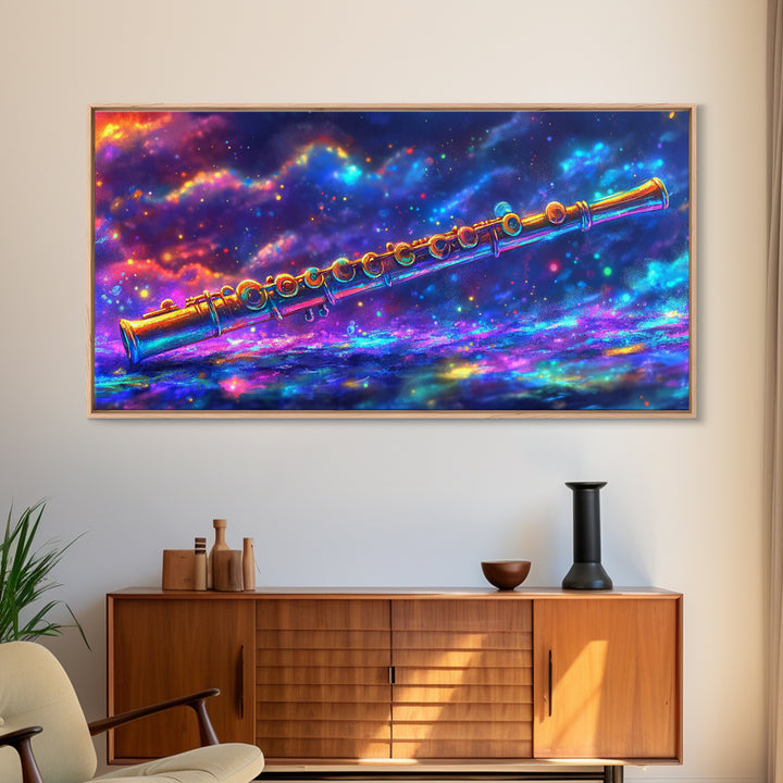 Golden Flute Floating In Cosmic Galaxy Wall Art, Music Studio Canvas Print, Celestial Space Decor, Gift For Music Lover, Home Decor