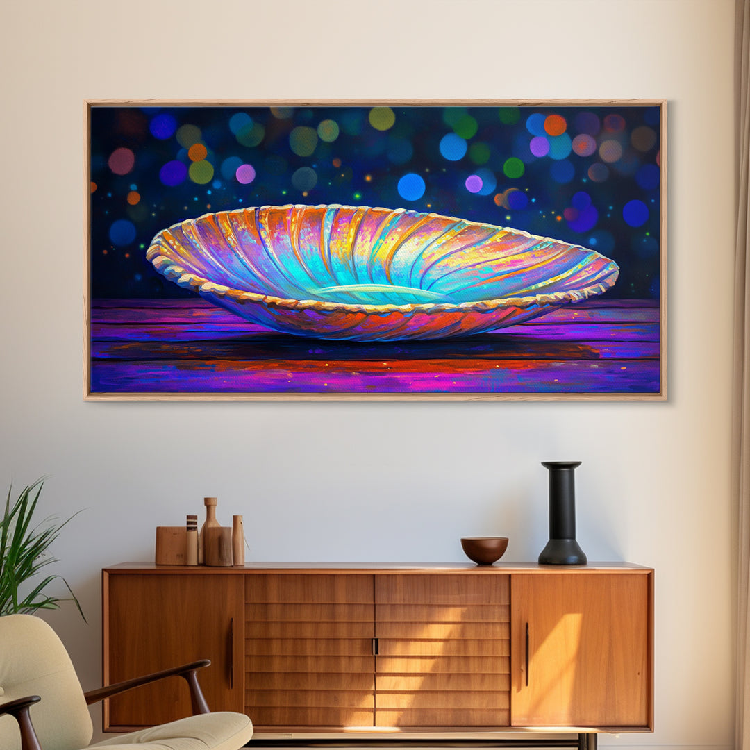 Iridescent Seashell Dish On Wooden Table Canvas Print, Coastal Wall Art, Ocean Decor, Nautical Home Decor, Beach House Gift