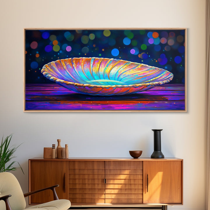 Iridescent Seashell Dish On Wooden Table Canvas Print, Coastal Wall Art, Ocean Decor, Nautical Home Decor, Beach House Gift