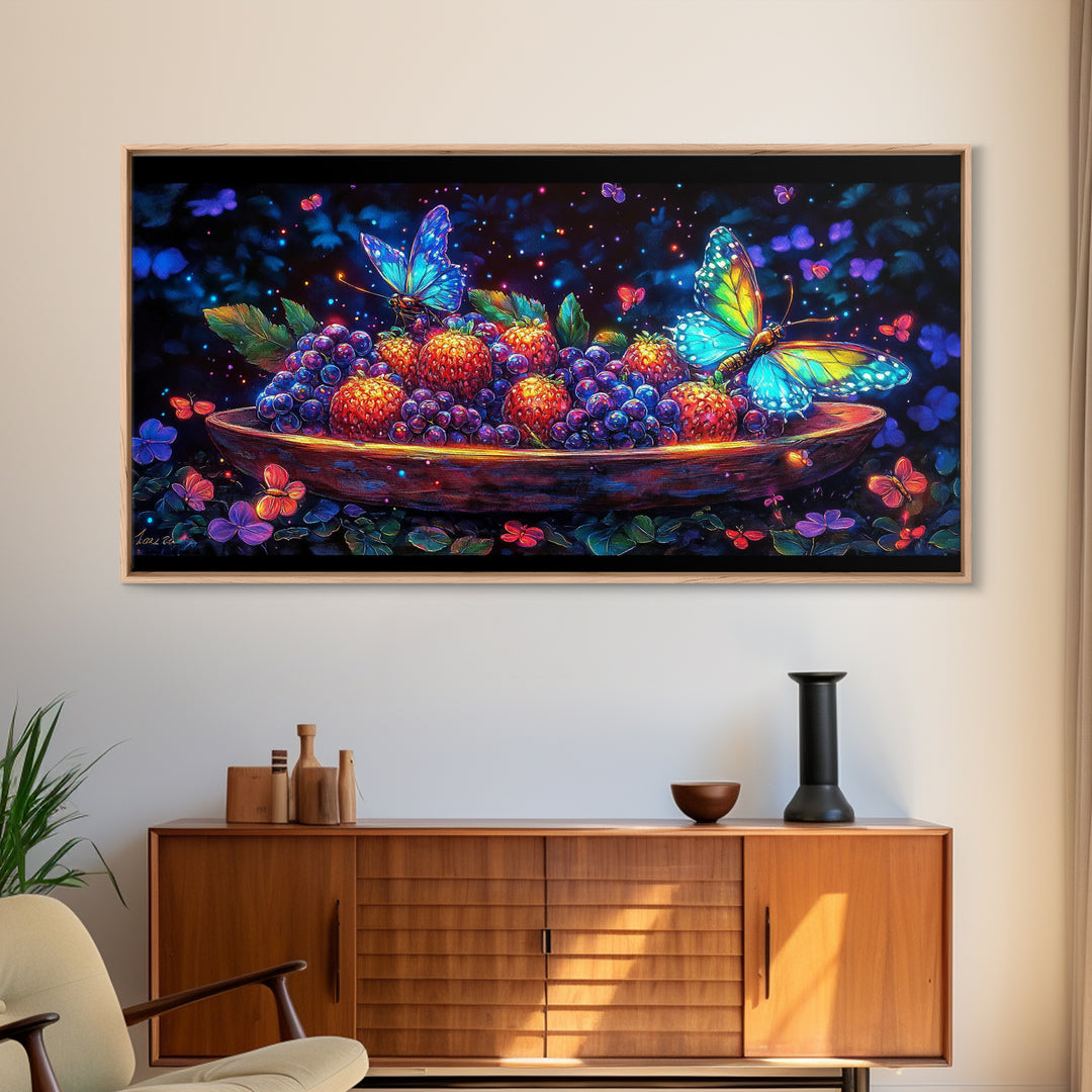 Butterflies Over Glowing Berries In Wooden Bowl Canvas Print, Whimsical Wall Art, Botanical Decor, Colorful Nature Gift