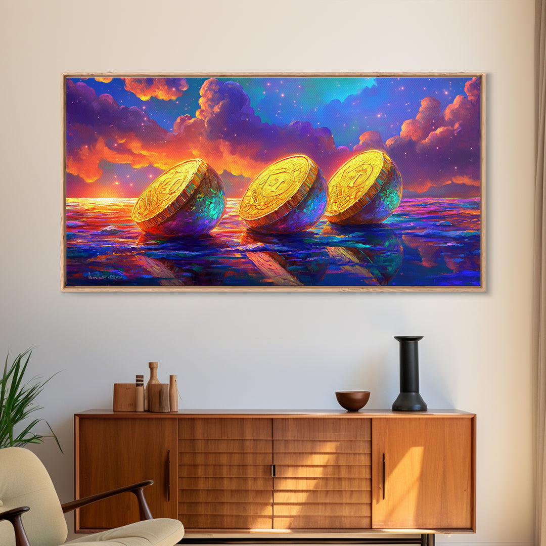 Golden Coins On Reflective Ocean Canvas Print, Abstract Seascape, Coastal Wall Art, Sunset Painting, Statement Artwork, Decor
