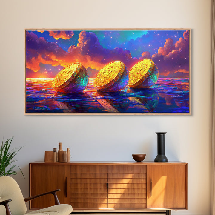 Golden Coins On Reflective Ocean Canvas Print, Abstract Seascape, Coastal Wall Art, Sunset Painting, Statement Artwork, Decor