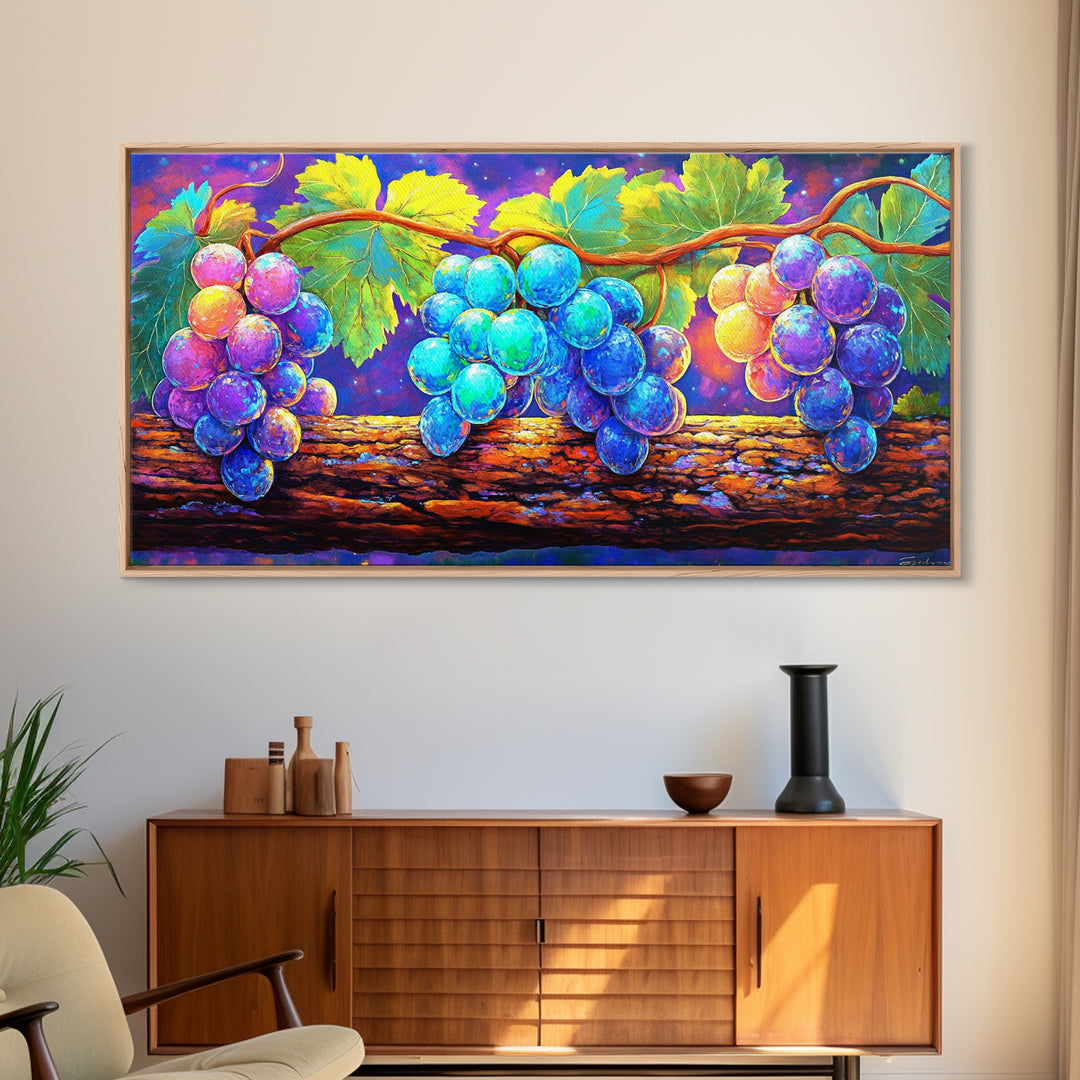 Vibrant Grapes On Vine Canvas Print, Fruit Wall Art, Kitchen Wall Art, Winery Decor, Colorful Botanical Art Print, Dining Room Prints