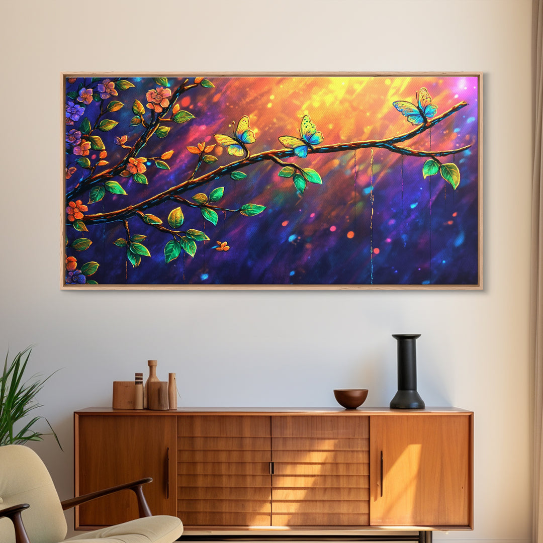 Sunlit Flower Branch With Butterflies Wall Art, Whimsical Nature Art, Botanical Wall Decor, Colorful Bedroom Art Print, Gift