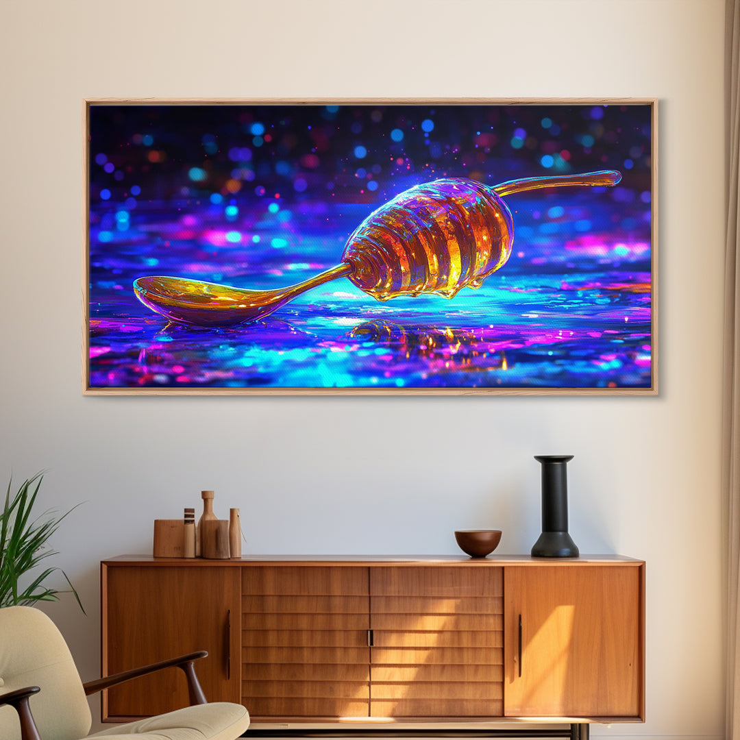 Neon Honey Dipper With Golden Drizzle Wall Art, Colorful Kitchen Decor, Food Lover Gift, Modern Canvas Print, Dining Room Prints