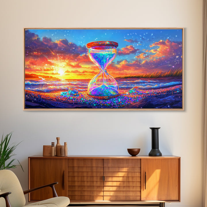 Sparkling Hourglass On Sunset Beach Canvas Print, Coastal Wall Art, Surreal Seascape Decor, Ocean Lover Gift For Her, Living Room Decor