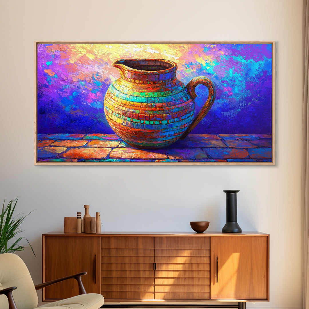 Colorful Mosaic Ceramic Pitcher Still Life Wall Art, Mediterranean Kitchen Decor, Vibrant Canvas Print, Housewarming Gift